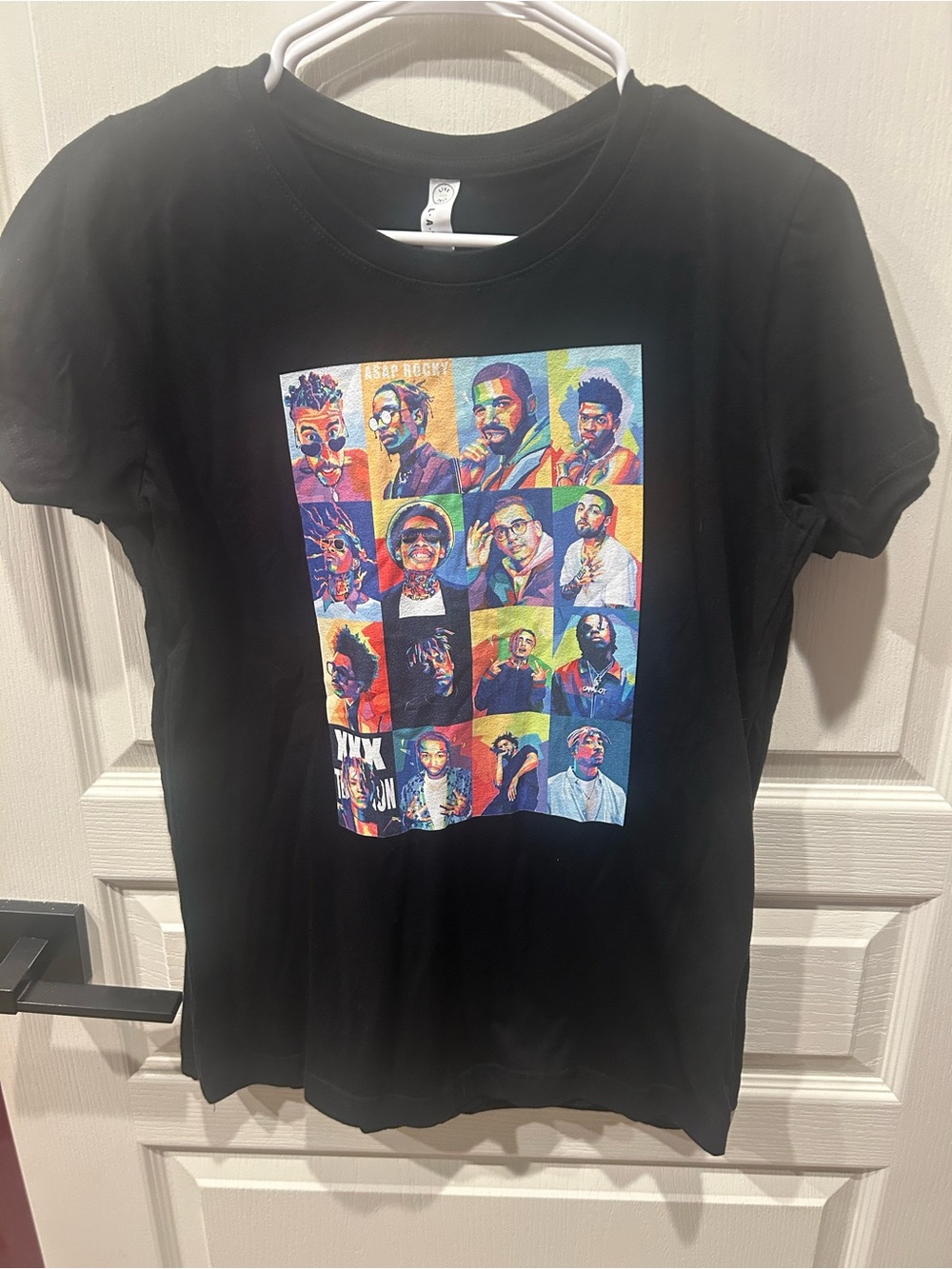 Black Short-Sleeve Crewneck Tee with Colorful Portrait Grid